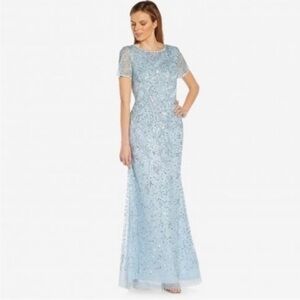 Adrianna Papell Beaded Short Sleeve Gown in Elegant Sky Size 10